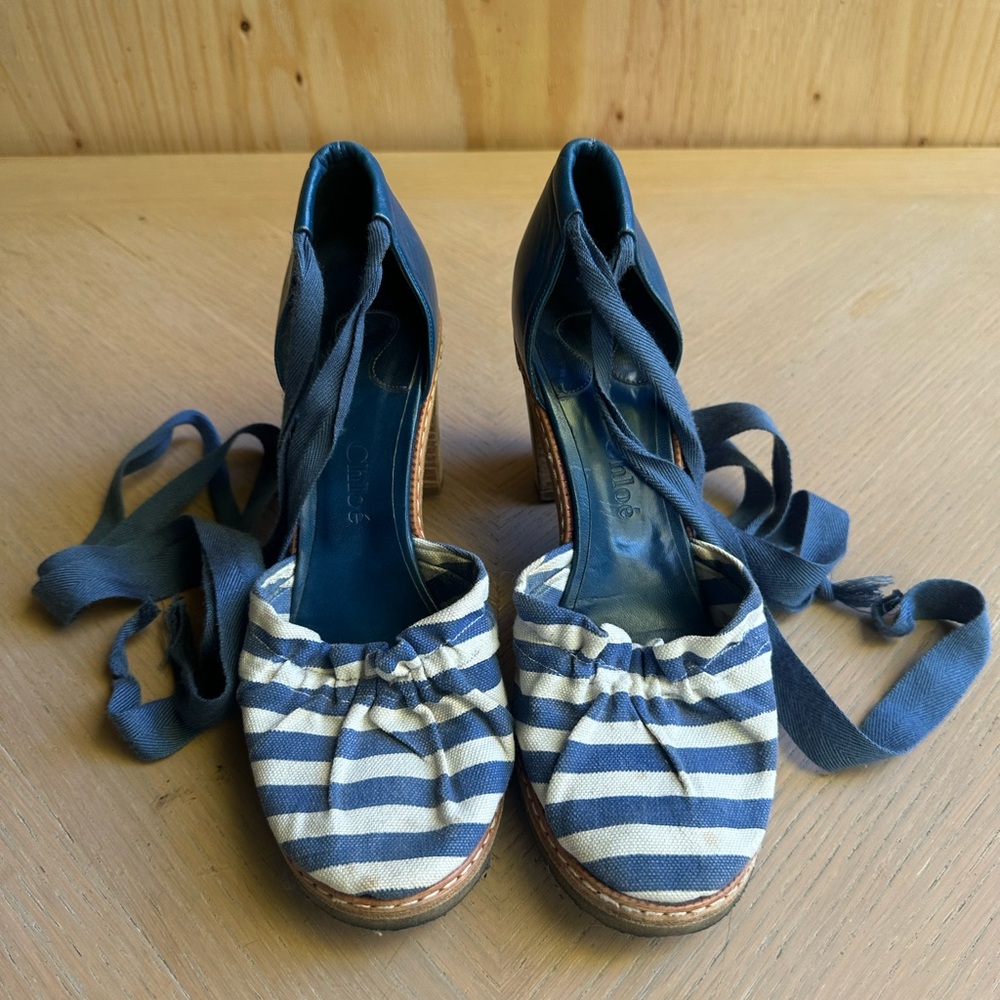 Chloe Round Toe Blue White Striped Platform Narrow